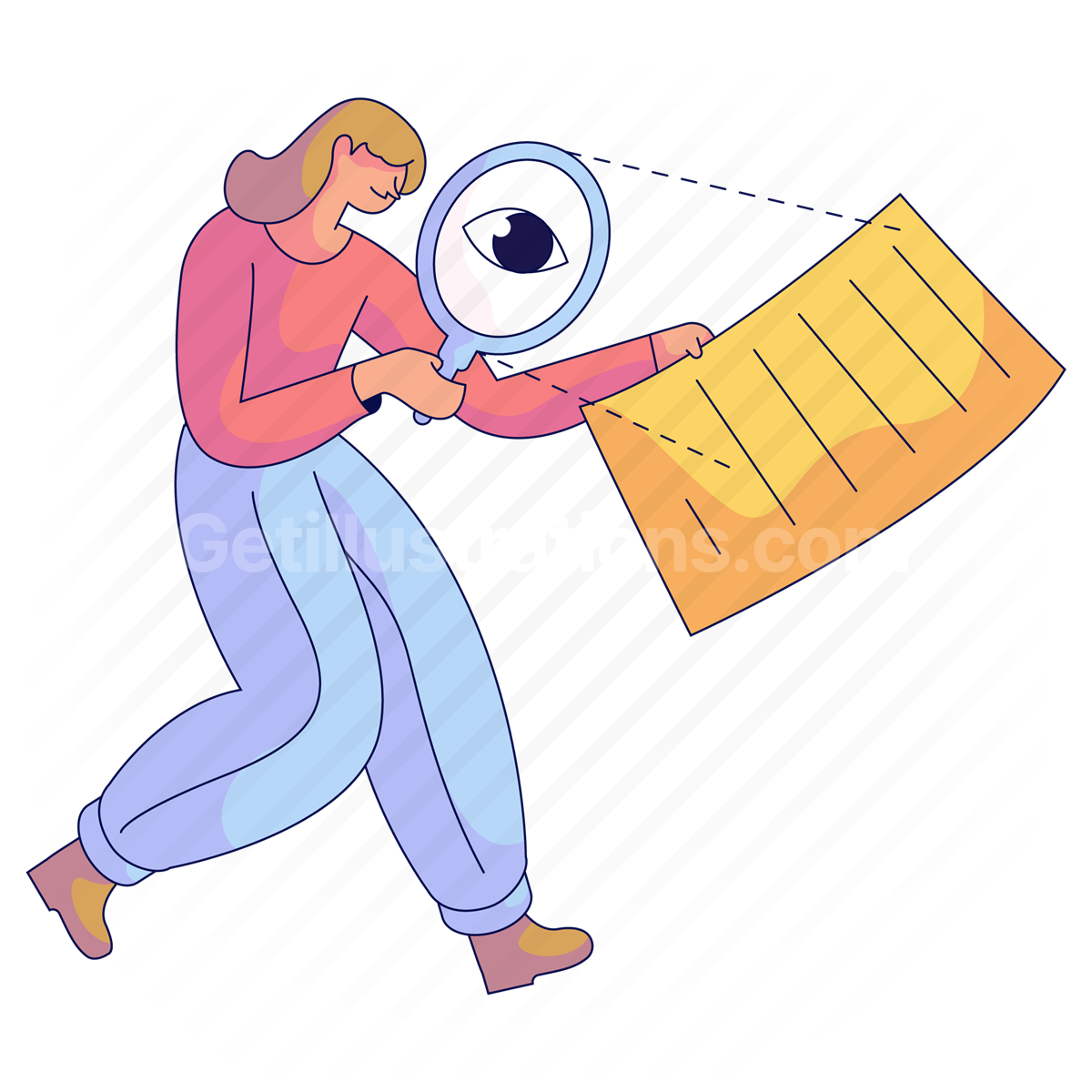 find, magnifier, file, document, paper, page, woman, people